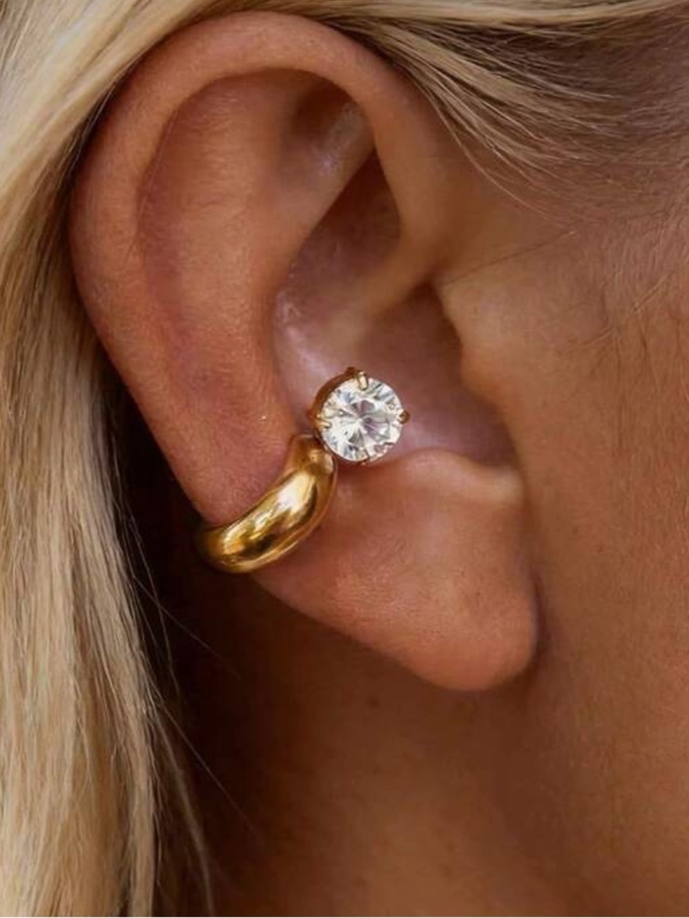 Gold Hoop Huggie Earrings with Clear Cubic Zirconia Accent